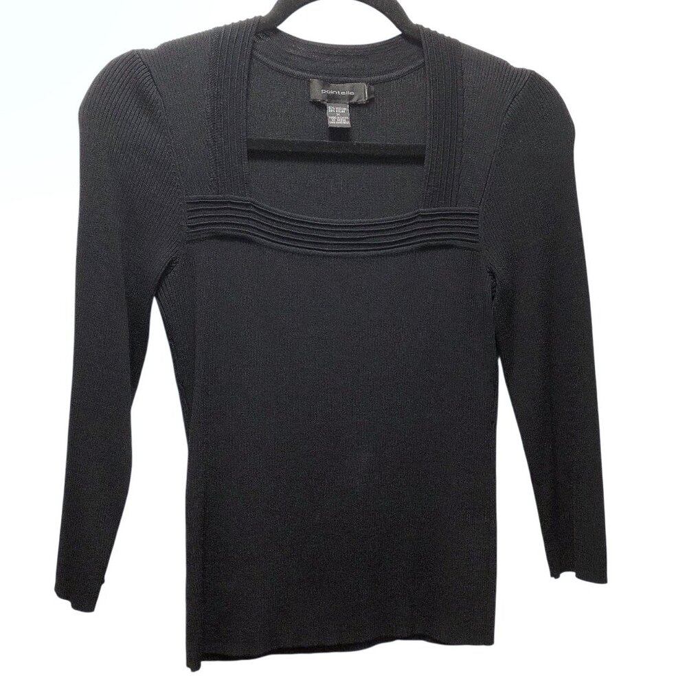 Pointelle Solid Black Square Neckline Ribbed Long… - image 1